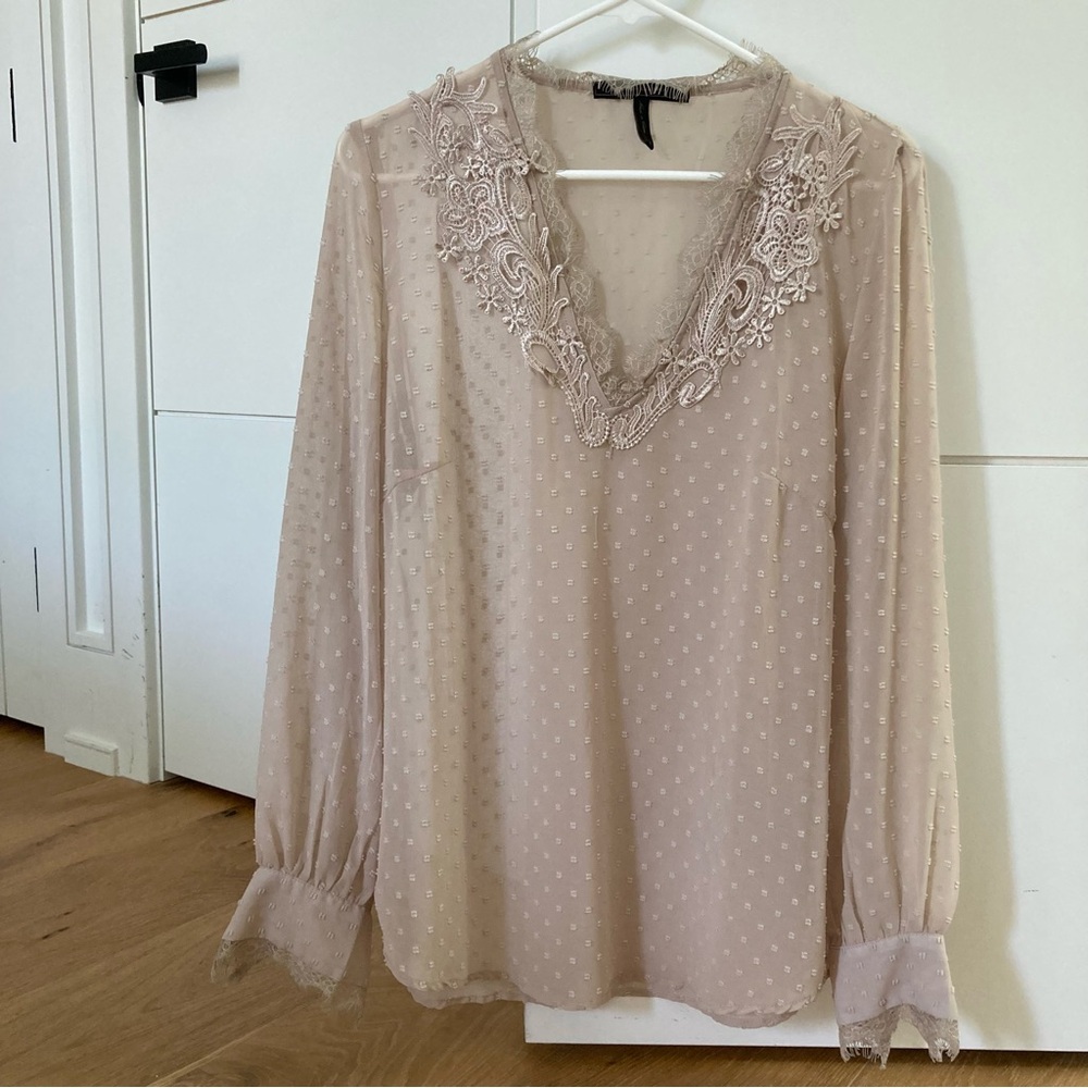 BCBGMaxAzria Tan Pink Ruffled Bib Collar Blouse